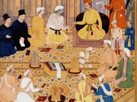 Akbar having religious discussion with others